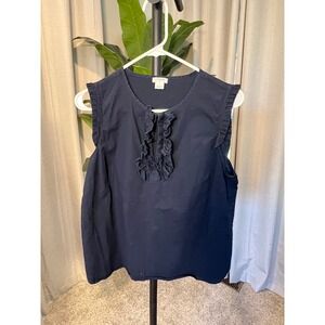 J.Crew Womens Navy Blue Ruffle Trim Sleeveless Cotton Blouse Top Size 10